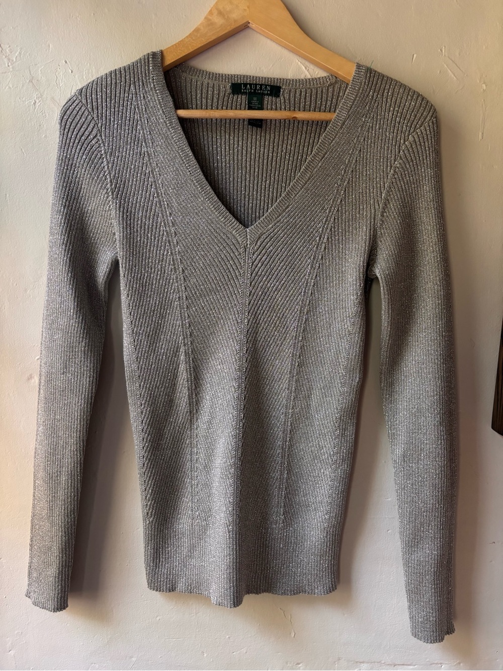 Ralph Lauren Metallic Silver Knit V Neck Sweater